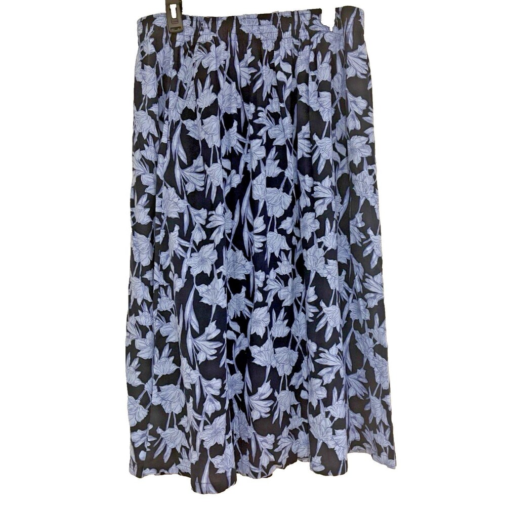 Caslon Skirt Womens Large Blue Floral Linen Midi Stretch Waist Pockets Boho NEW